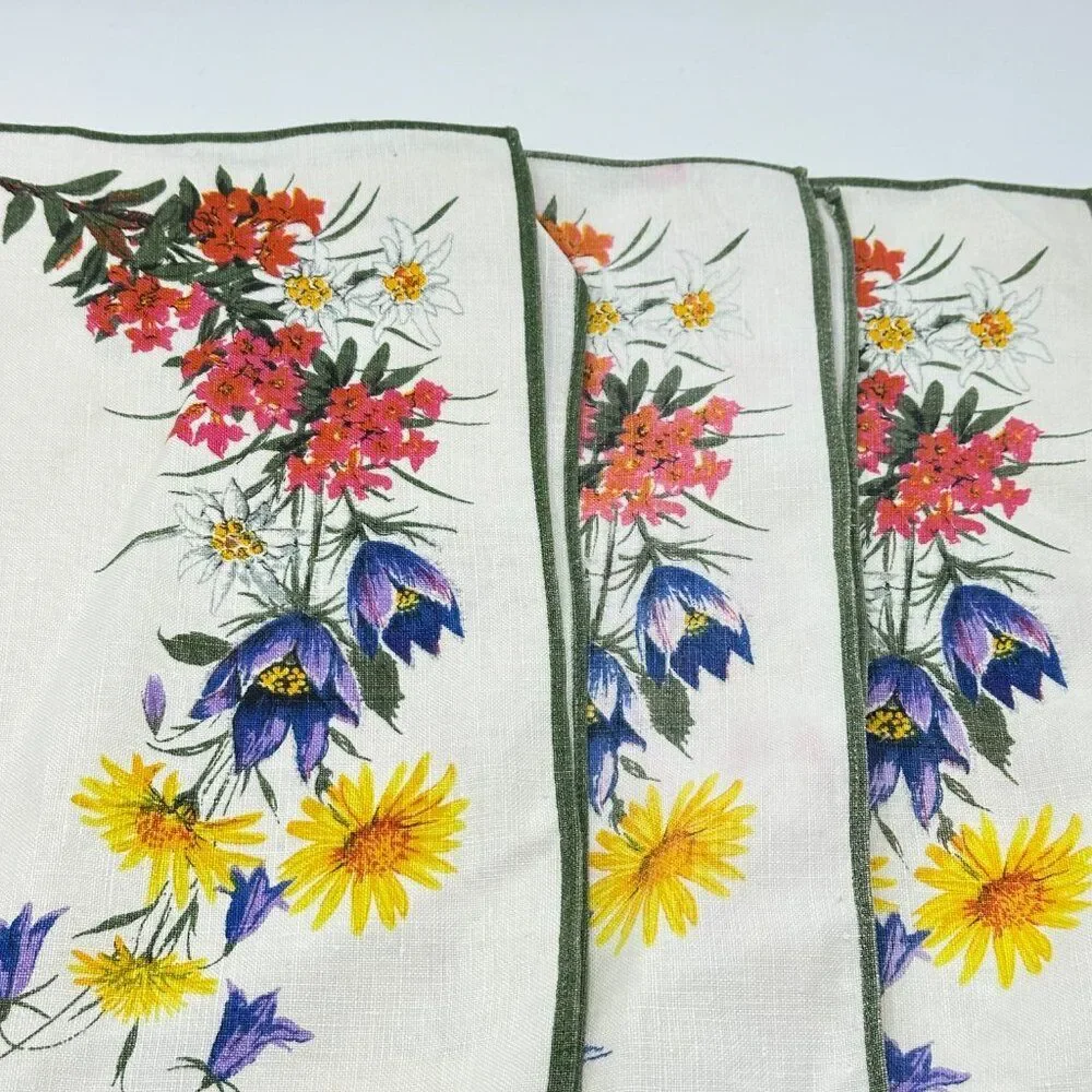 Kreier Swedish Vintage Linen Floral and Green Trim Napkins Placemats Set of 4